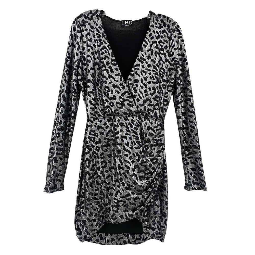 LBD By Design Metallic Silver Leopard Print Mini Dress Long Sleeve Wrap Medium